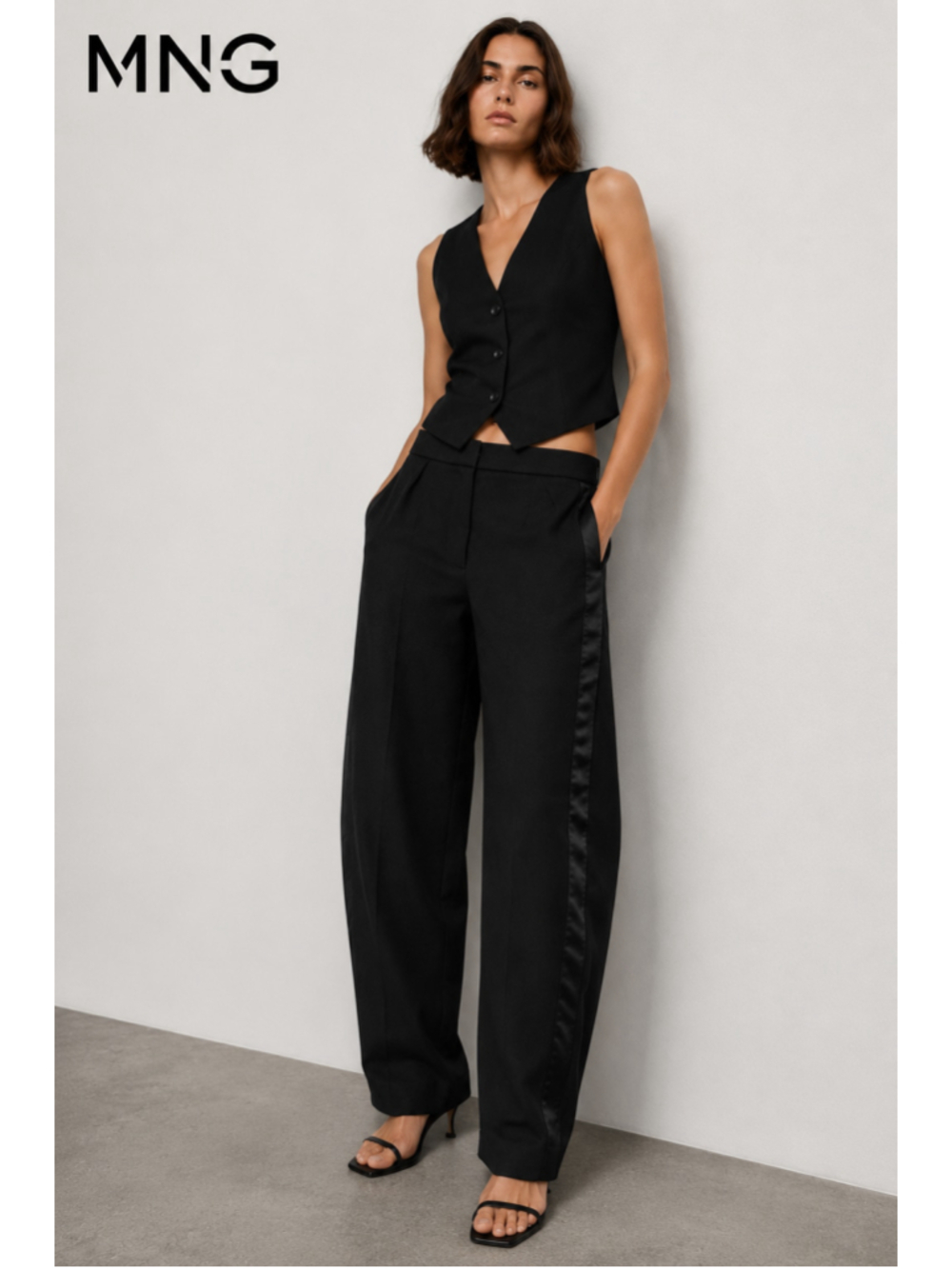 NWT MNG Mango Beverly Black Barrel Pants Satin Tuxedo Stripe Size 8